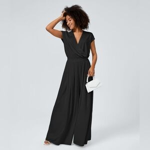 Halara V Neck Short Sleeve Side Pocket Wide Leg Flowy Waffle Casual Jumpsuit